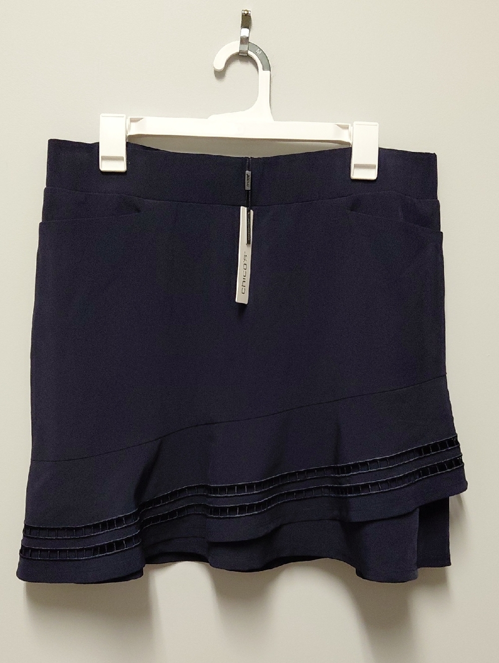 Chico's Navy Mini Skirt with Ladder Trim, Size Large NWT